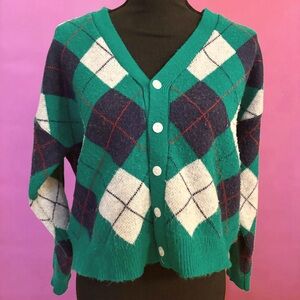 Preppy Oversized Green, White & Navy Argyle Button-Up V-Neck Cardigan - Medium
